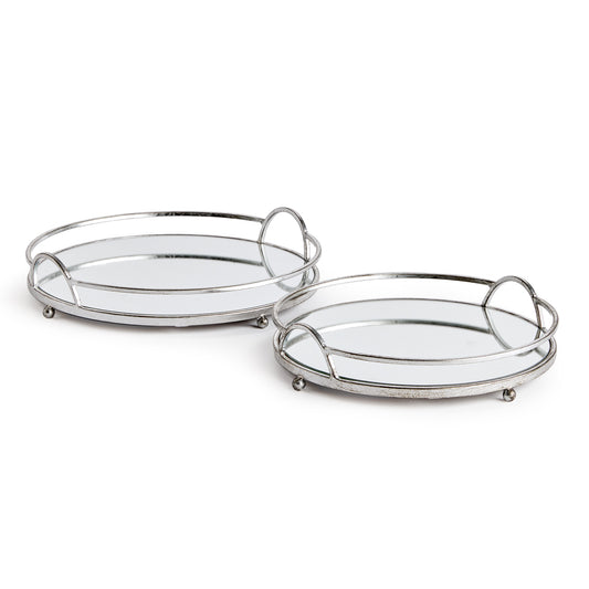 These round mirrored trays are an unexpected combination of antique silver and glass. A classic look with a modern twist.