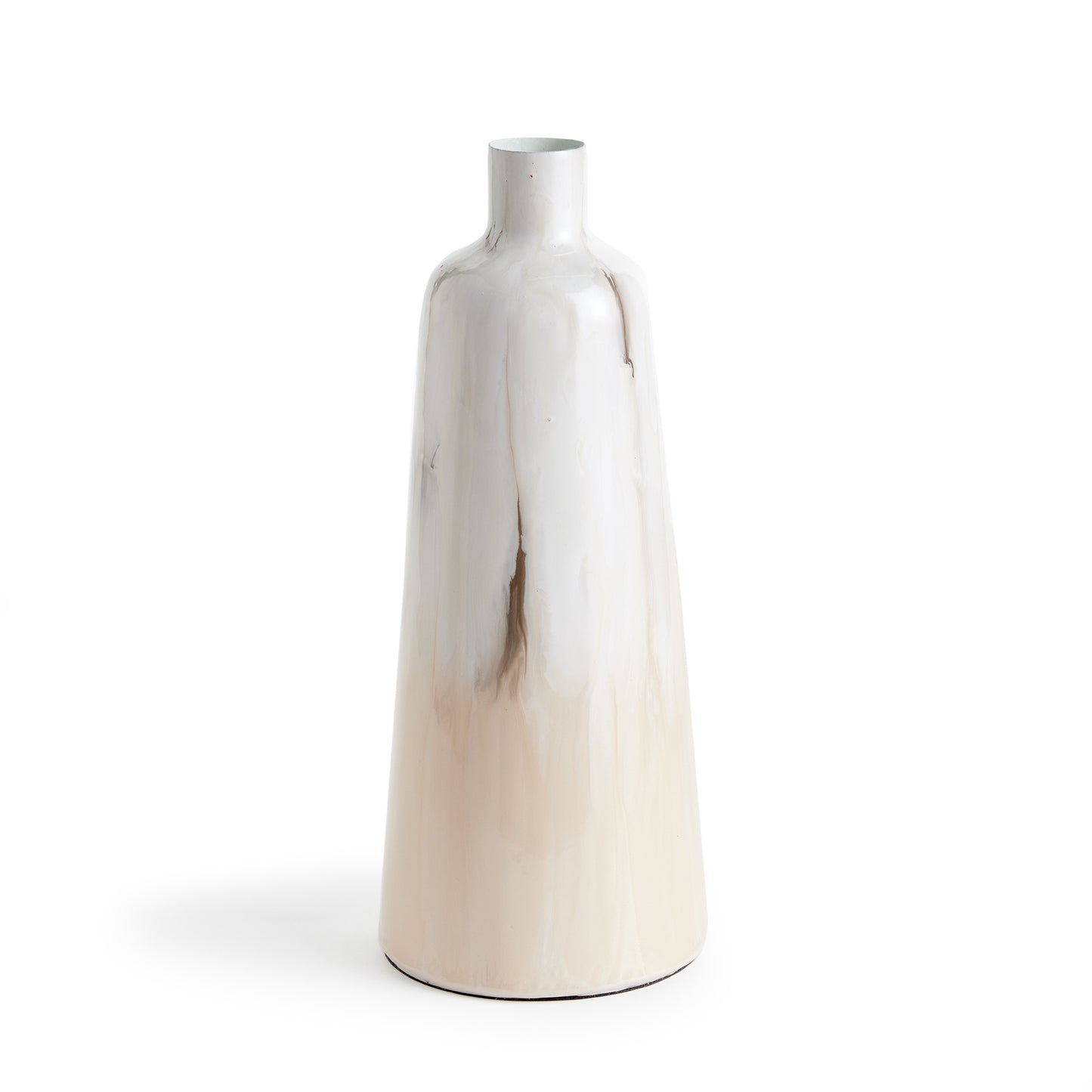 This decorative vase, made of enameled iron, showcases a clever design of hand-painted layers in a creamy mocha color inspired by a latte. Crafted with a unique method and artistic expertise, this vase embodies the essence of a delicious coffee drink, making it a sophisticated addition to any home decor.