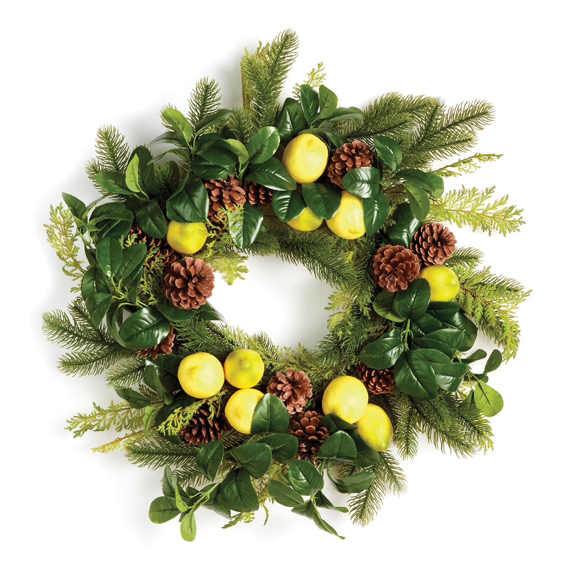 This timeless wreath features a cheerful faux mix of lemons, lemon foliage, evergreen branches, cedar & pine, and comes with a twine loop for hanging. A lovely transition from late winter to early spring.