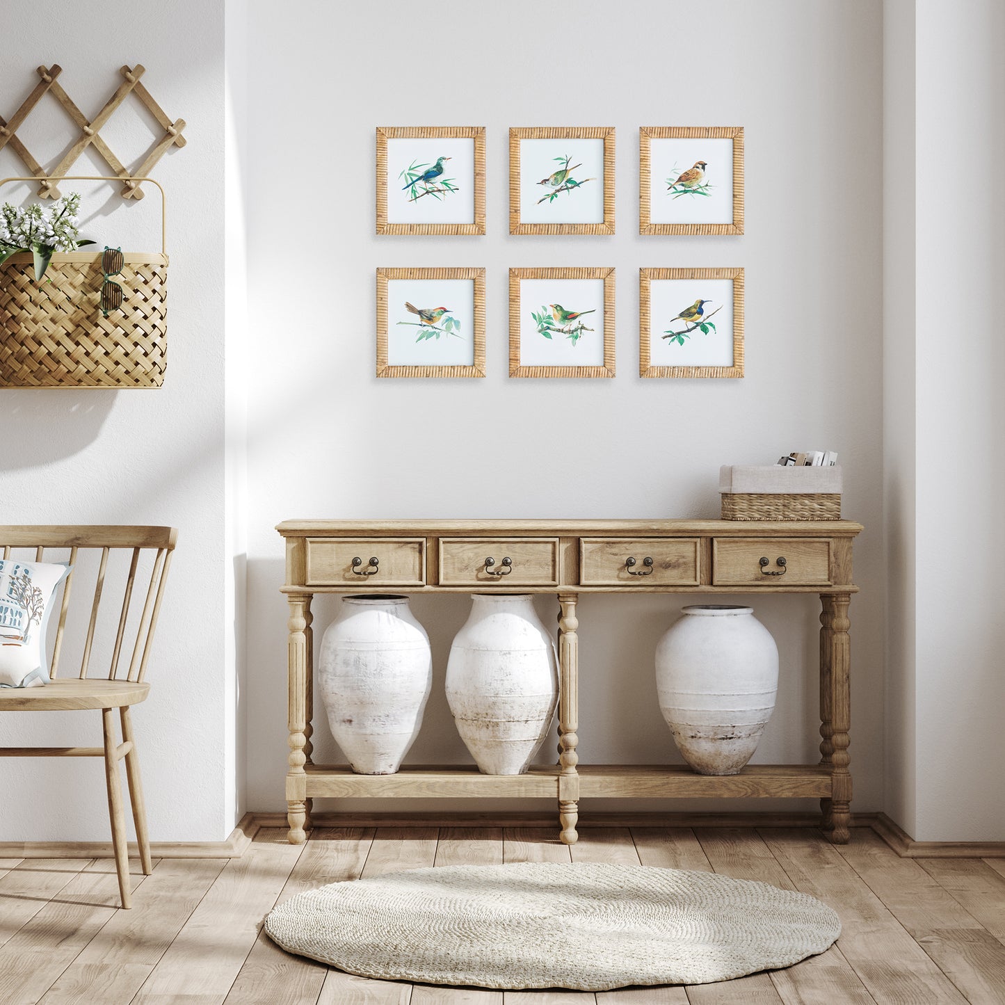 These sweet little songbirds will make your walls sing. Finished off with rattan frames, this petite set of six prints are ideal for small spaces. Separate and tuck them into a bookshelf, or hang them together in powder room or narrow hallway.