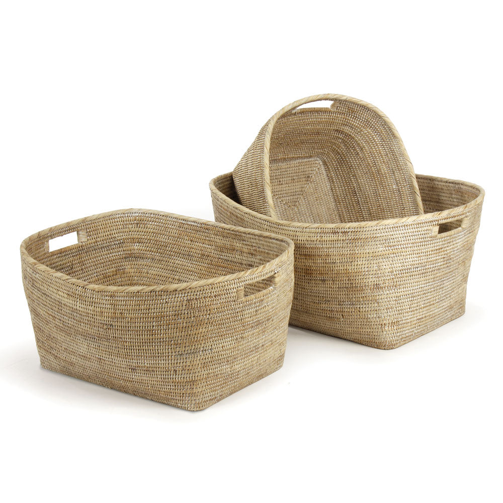 Burma Whitewash Rattan Family Baskets With Handles, Set Of 3