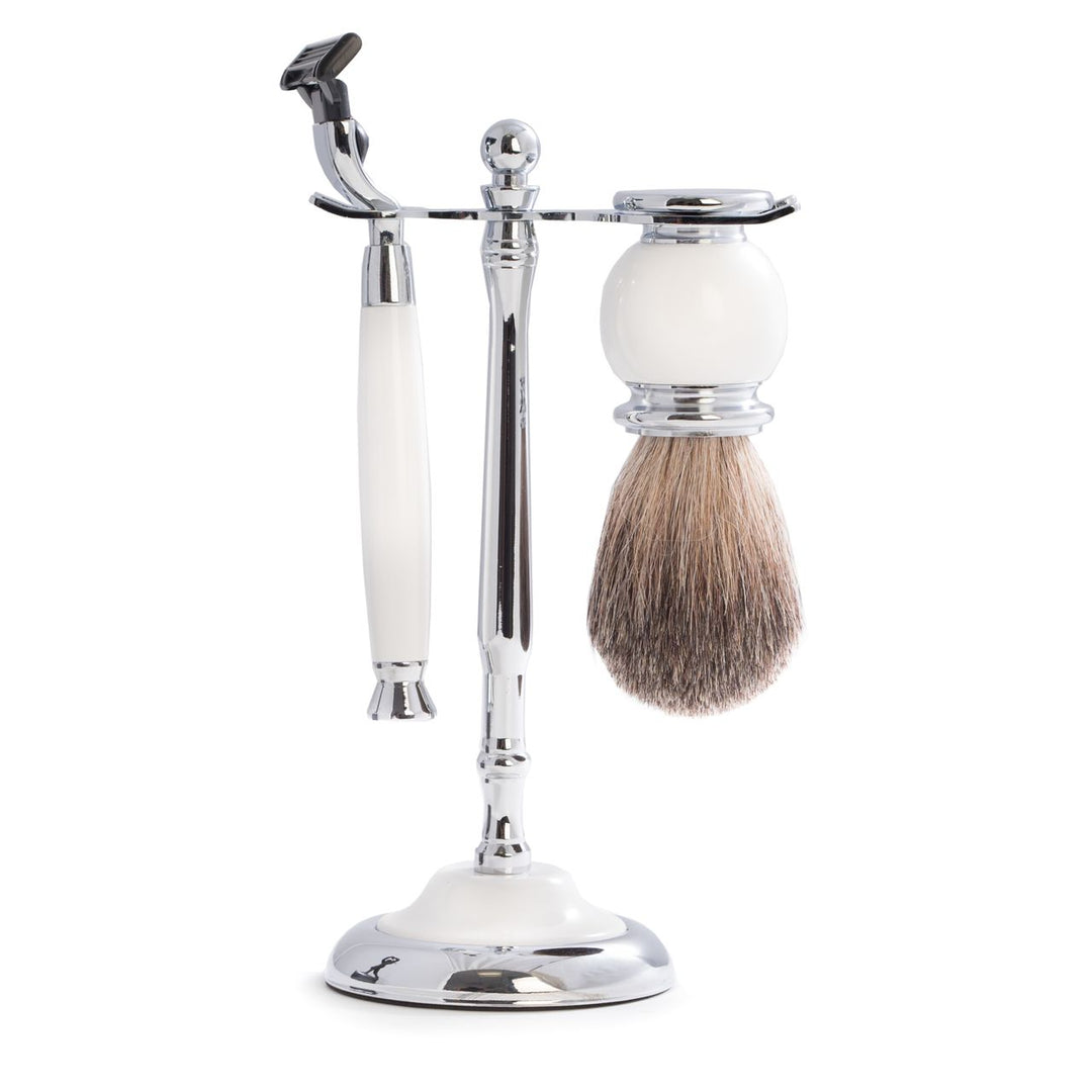 Chrome razor and pure badger brush three-piece shaving set with white enamel handles and stand, Mach3 compatible, one blade installed.
