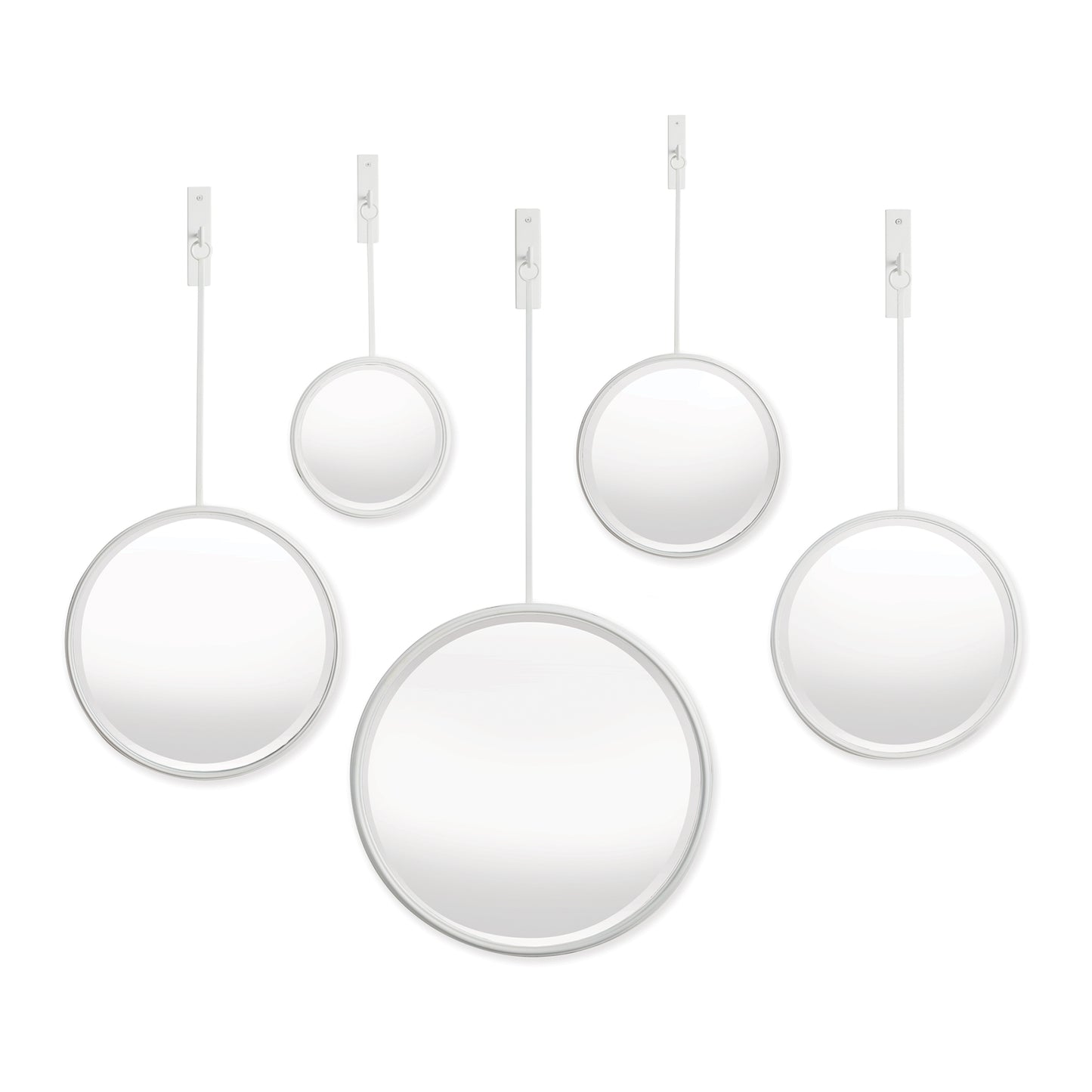 This unique set of five round mirrors are a great way to add interest and a reflective element to a room. The matte antique white finish and beveled mirror make them an instant classic. Arrange however you like for a custom look.