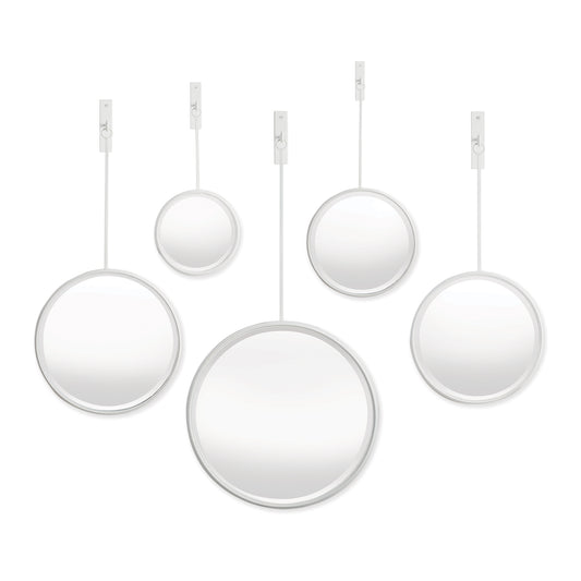 This unique set of five round mirrors are a great way to add interest and a reflective element to a room. The matte antique white finish and beveled mirror make them an instant classic. Arrange however you like for a custom look.