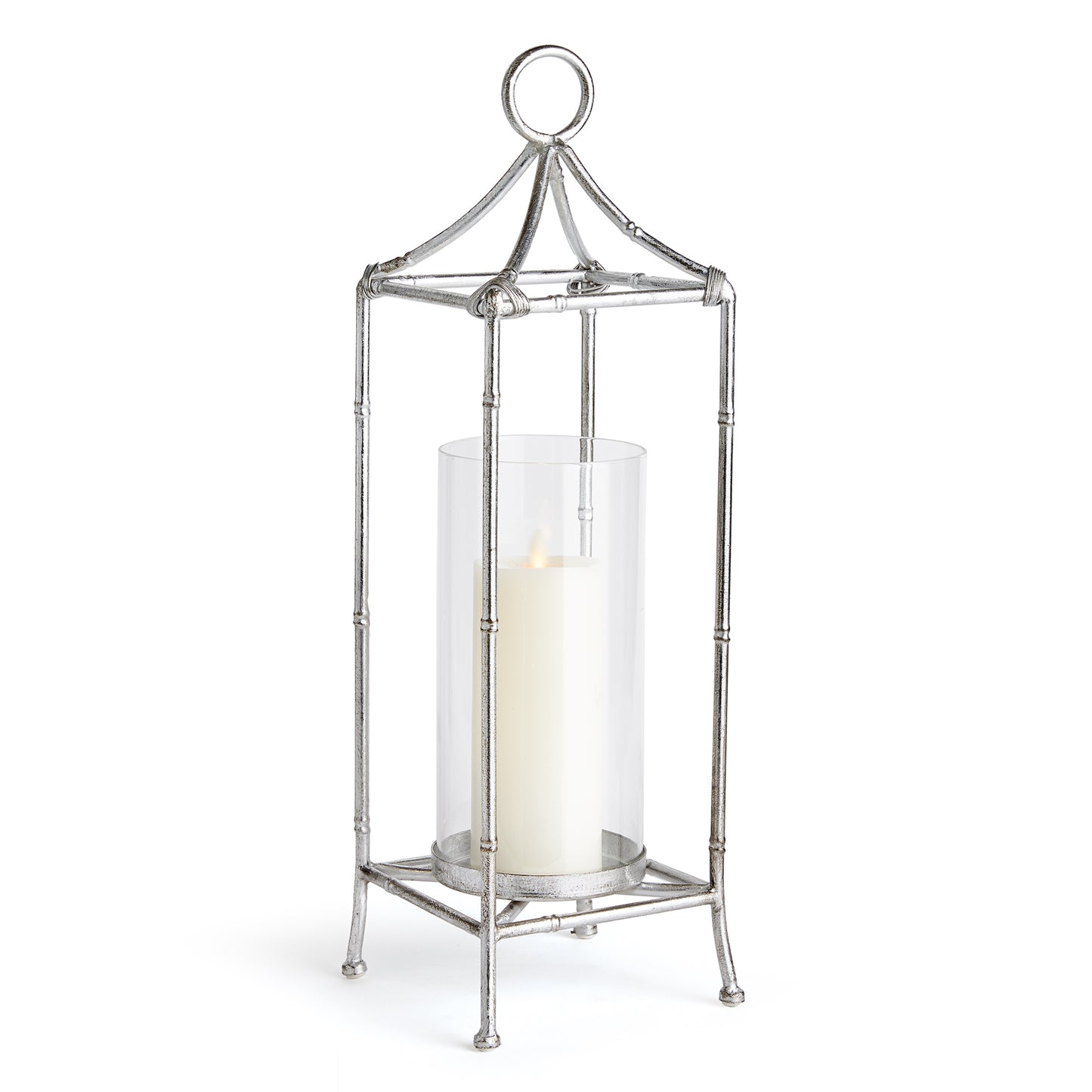 A contemporary take on chinoiserie style, this lantern is smooth and refined, it is scaled to work well in the smaller space. The antique silver finish and sleek glass cylinder add a sense of light and reflection.