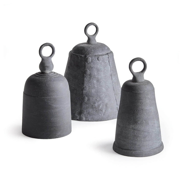 Three gray textured bells on a white background