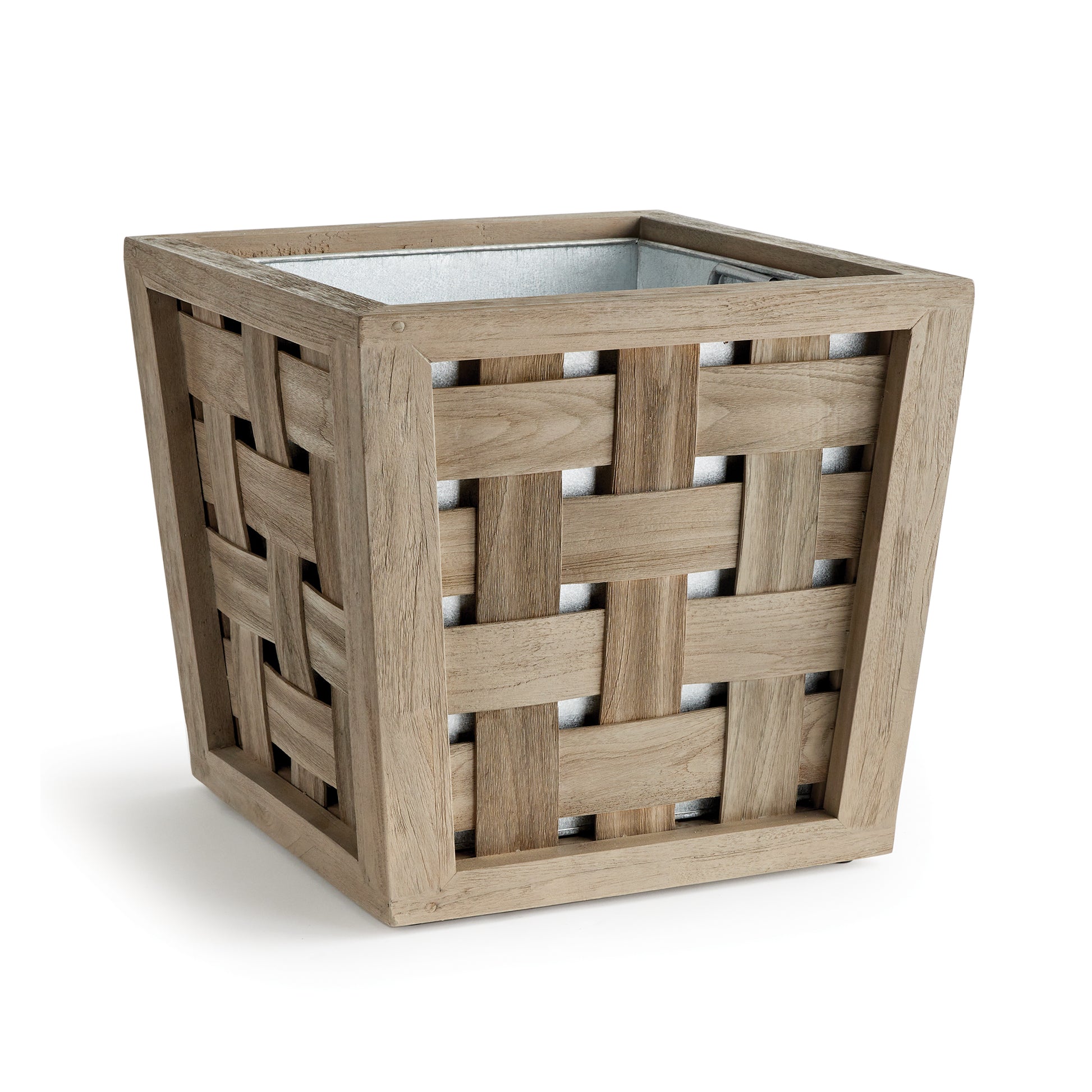 Expertly handwoven using wide gray washed teak wood panels in a checked pattern. An exclusive design you won't see anywhere else, this showstopping planter has a galvanized steel liner with folding handles, drainage hole and is designed with a raised bottom. Smart as well as beautiful!