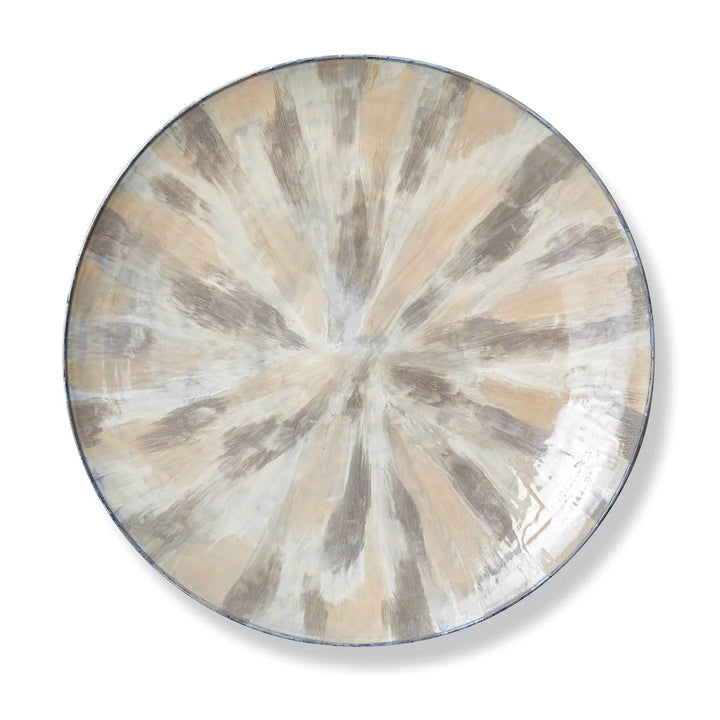 Front view of 36 inch enameled iron wall plate in neutral cream and taupe with glossy finish, ready to hang – Transitional