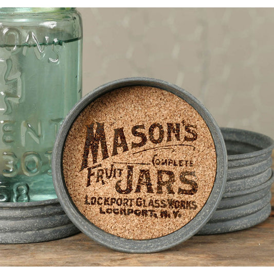 Enhance your home decor with these vintage style cork coasters. Made from high-quality cork and featuring beautiful vintage text, these coasters not only add a touch of elegance but also absorb any liquid spills. With a set of four, these coasters are perfect for entertaining guests. Mason jar not included.