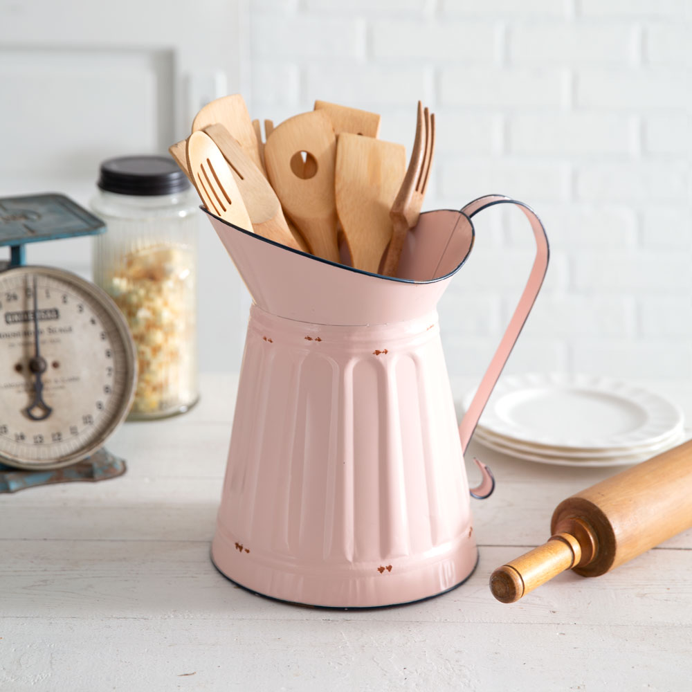 Vintage-Inspired Pink Milk Pitcher – Distressed Metal Floral Decor