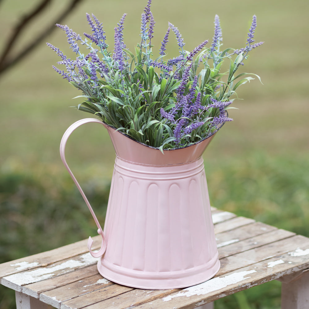 Vintage-Inspired Pink Milk Pitcher – Distressed Metal Floral Decor