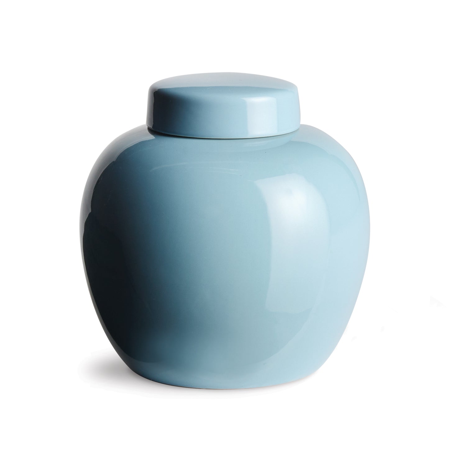 In an unexpected smaller size for traditional ginger jars, this is a modern take on a classic. The soft blue high gloss glaze creates a more high end feel. Mix in among your patterned pieces in bookshelf or on a credenza for a dynamic look.