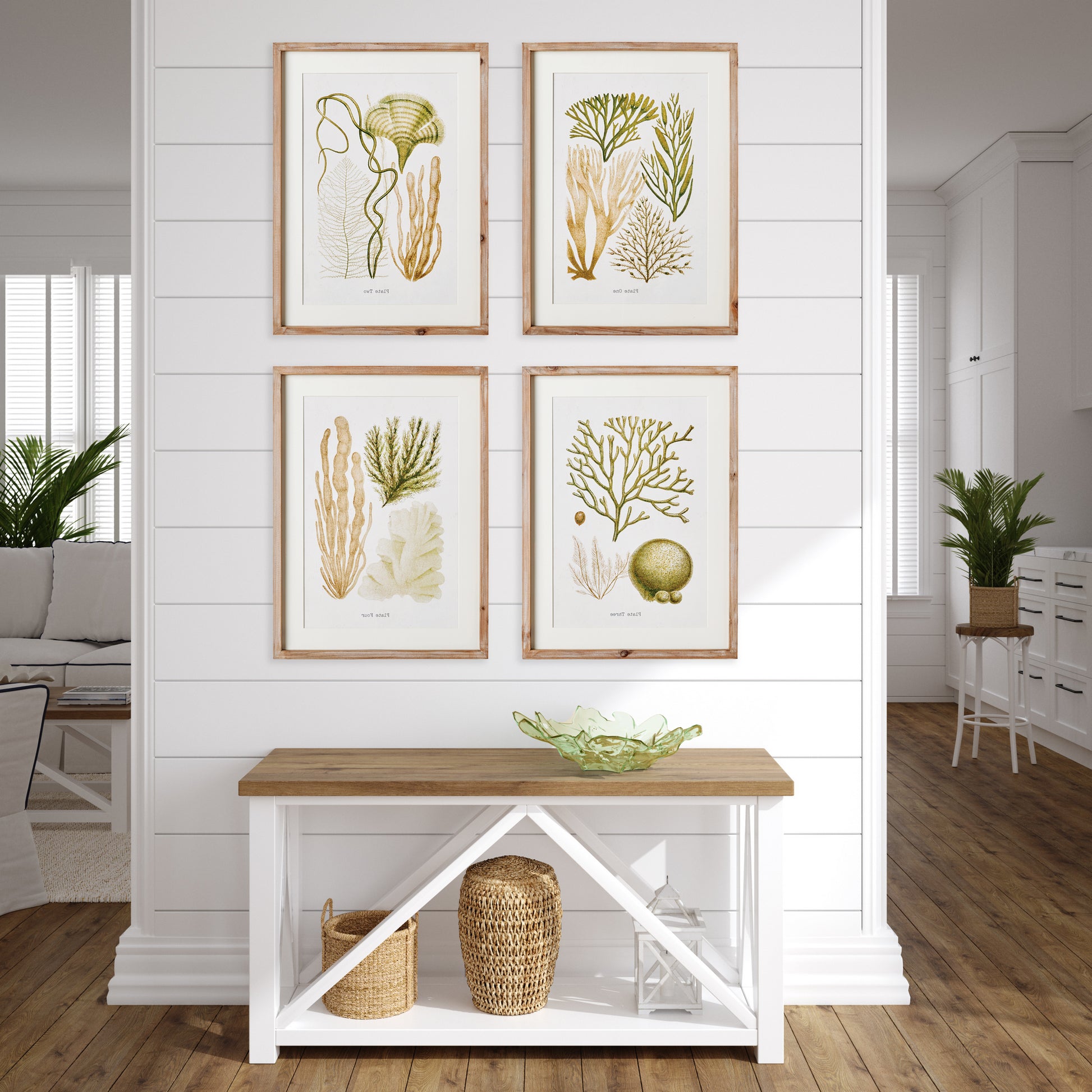 Elevate your home decor with these beautifully crafted coral Study wall prints in a coastal themed style. Designed to add warmth and sophistication, these pieces pair burnt amber tones and rich verdant hues with a simple whitewashed wood frame. Perfect for creating an upscale coastal cottage aesthetic, these prints are a must-have addition to any room.