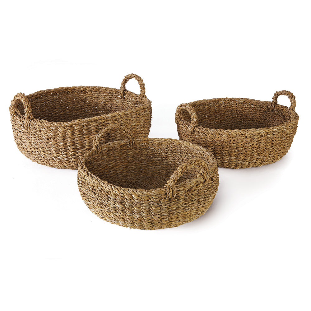 Seagrass Shallow Natural Baskets With Handles, Set Of 3