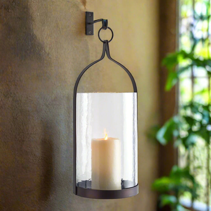 Large Wall Mounted Lantern Candle Holder with Hammered Glass