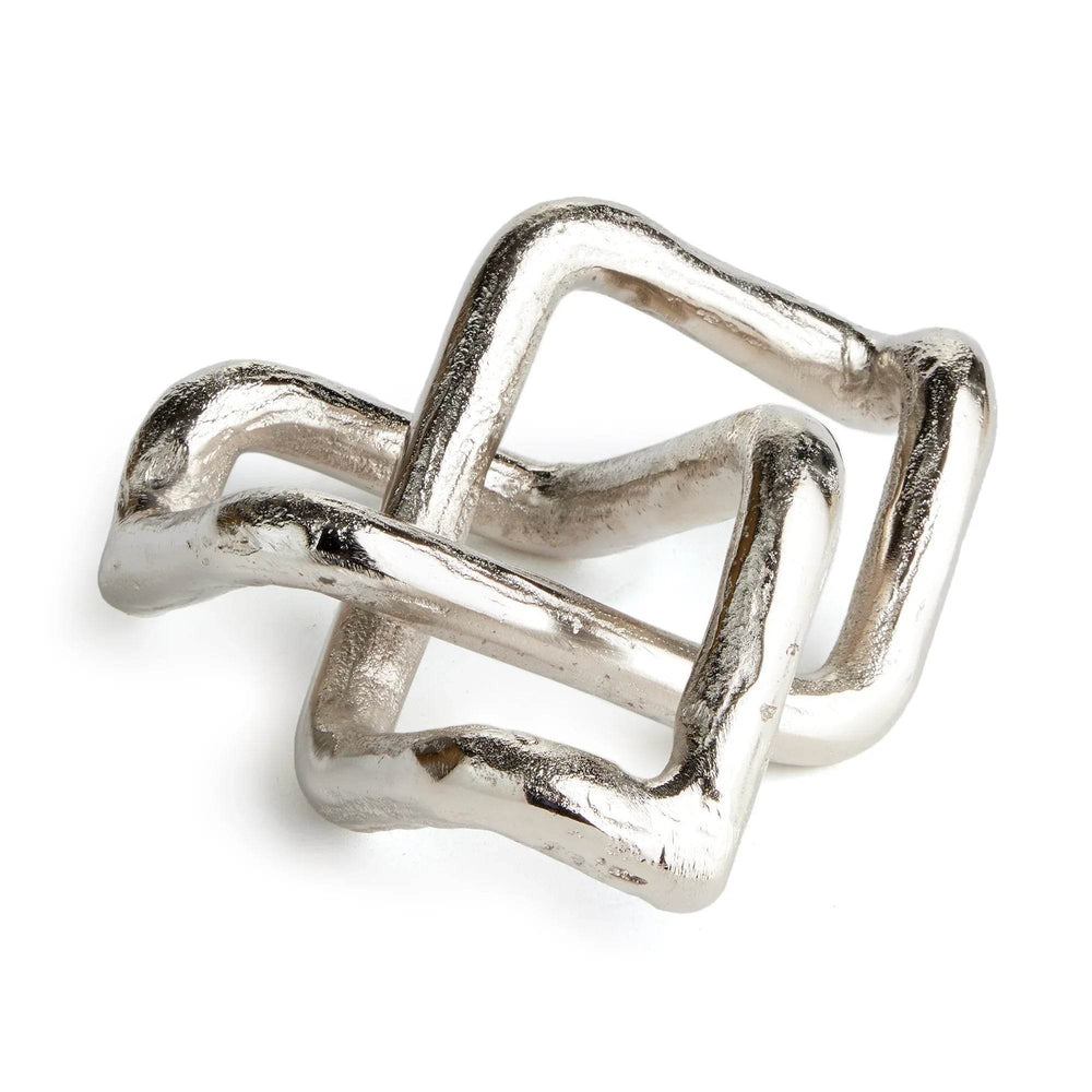 Silver ring with a modern design on a white background