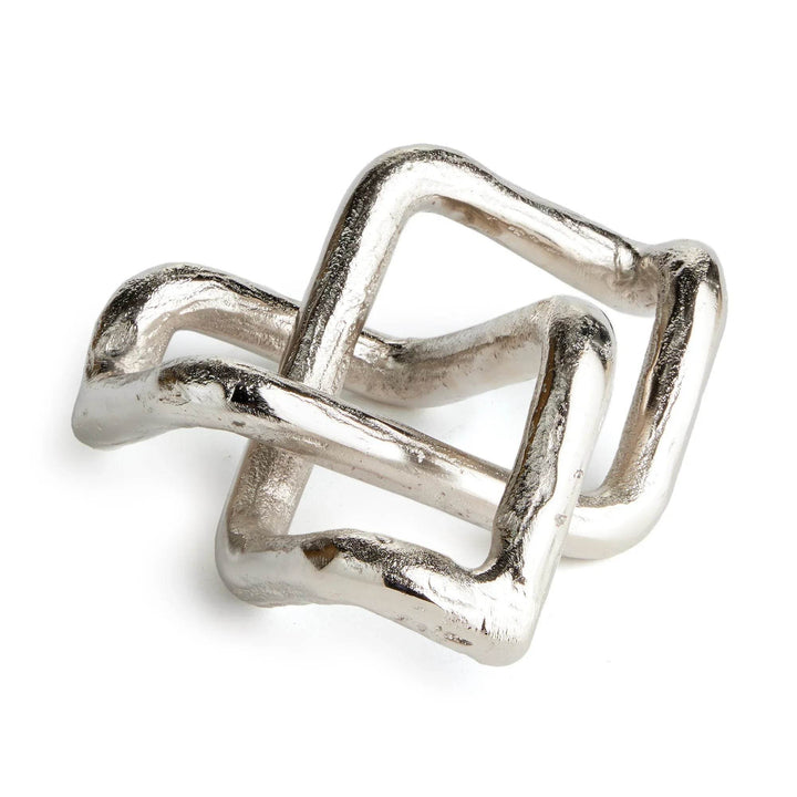 Silver ring with a modern design on a white background