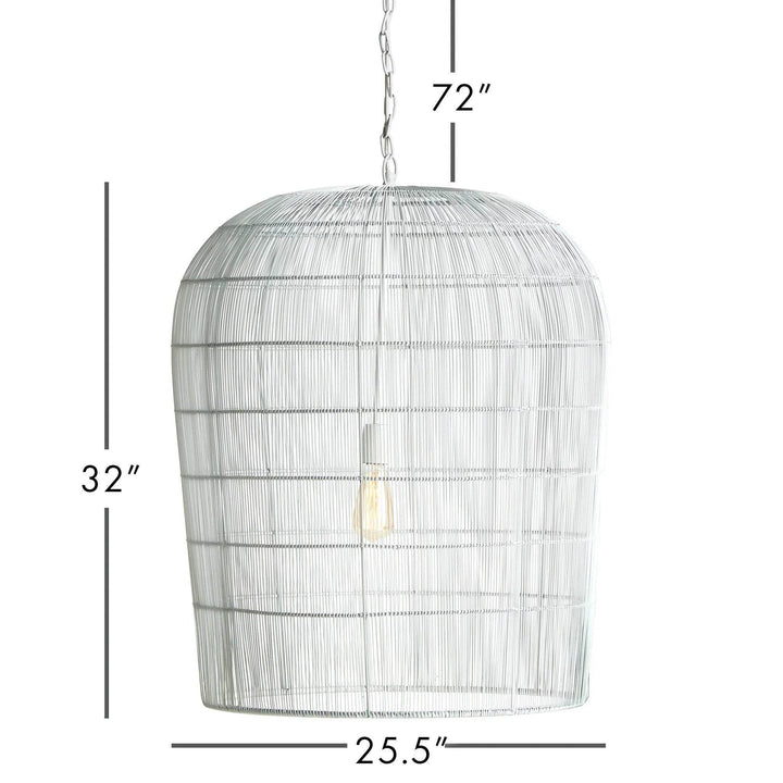 This pendant light features a solid iron frame that is elegantly wrapped in delicate white matte metal strands. With an open design, it brings a beautiful symphony of light, making it a great choice for placement in kitchens or foyer areas. Expertly crafted, it creates an elegant and grand aesthetic with its combination of materials.