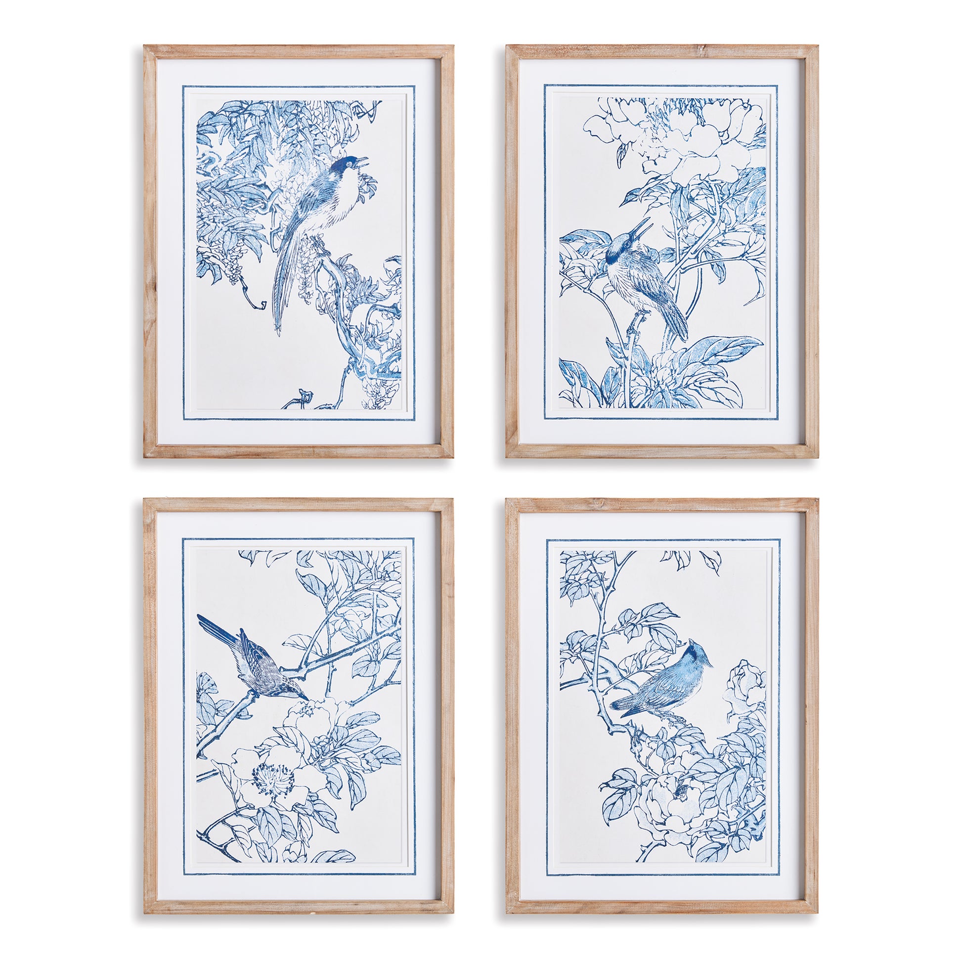 This set of four bird illustrations in soothing tones of blue is made for the traditional to transitional space. The real crisp white mats and light fir wood frames finish them off beautifully.