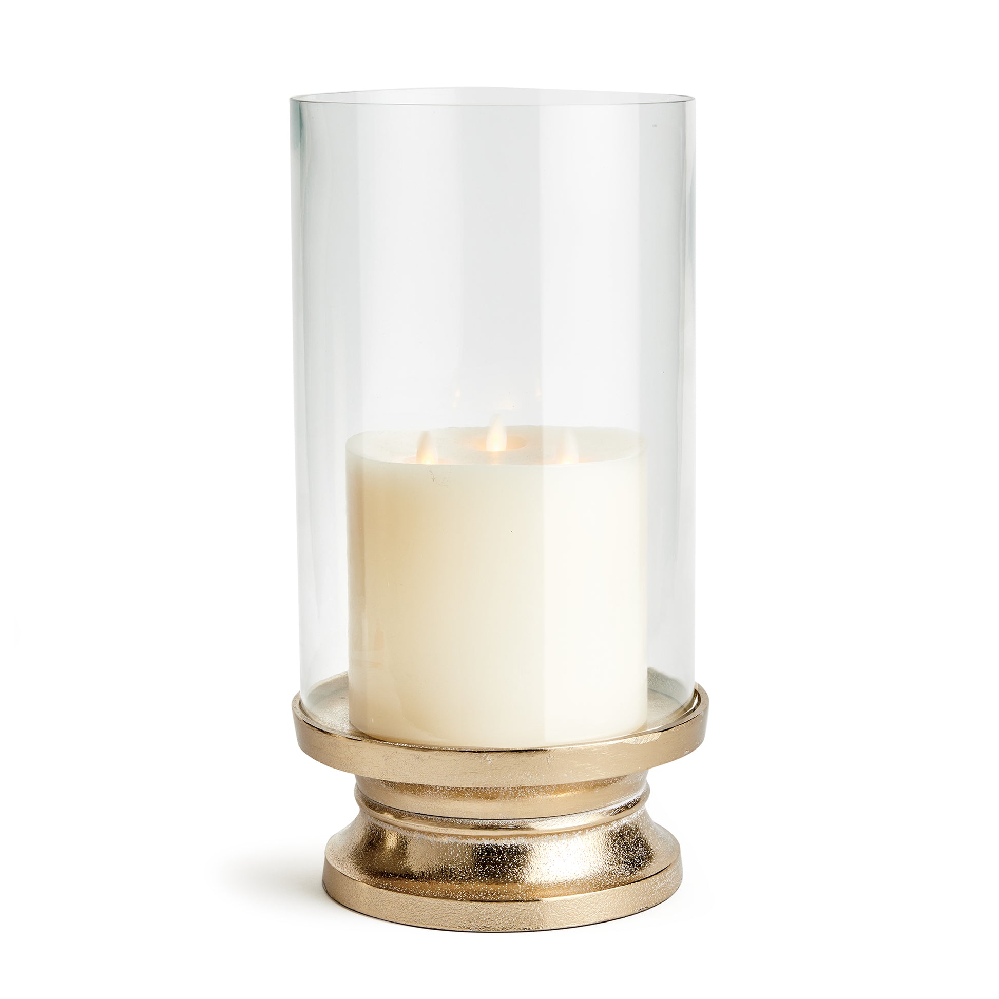 With a traditional silhouette and a snow-on-brass finish, this footed hurricane is at home in the fresh traditional setting. Add a tall pillar candle and enjoy the warm glow.