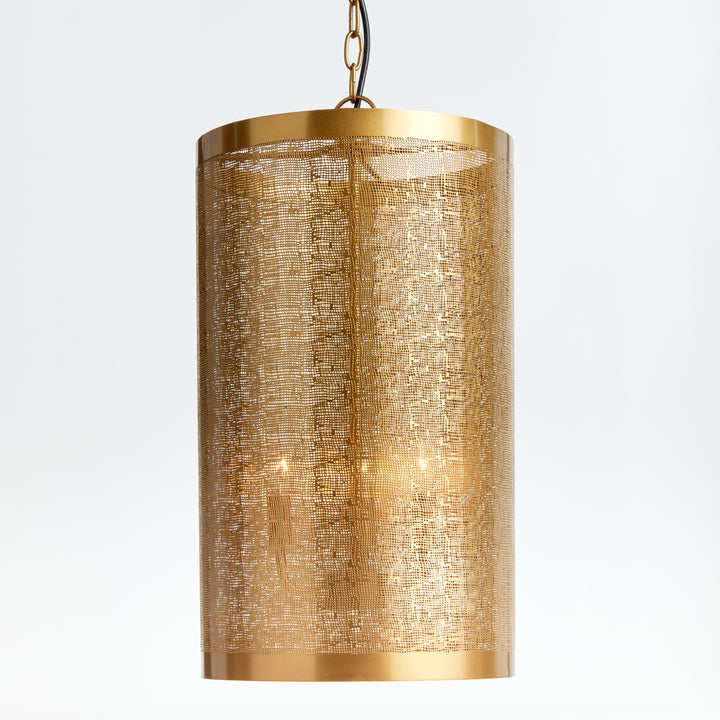 This pendant features an oversized drum and a meticulously crafted mesh design that commands attention. Its intended use is above a kitchen table or in an entry foyer, making a striking impression either way. Offering abundant illumination and modern flair, this pendant is guaranteed to make an impact, whether it's suspended over a table or brightening up an entryway.