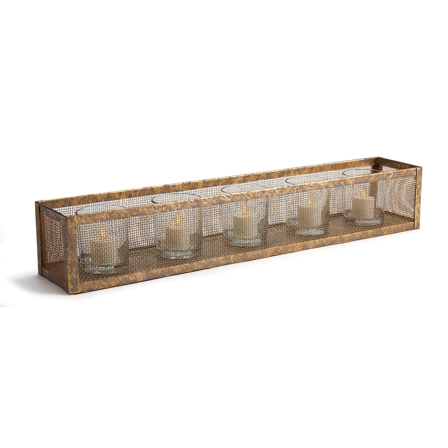 Diego is architectural in design. A light-catching mesh screen in antique gold adds a hint of drama. Complete with glass vases, not hurricanes so as to hold fresh florals as well as candles.