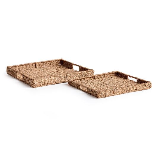 Seagrass is naturally supple, not stiff. Beautiful in color as well as texture. This rectangular set of trays is solidly constructed with an iron frame to keep it's shape. A nice complement to a tall faux stem.