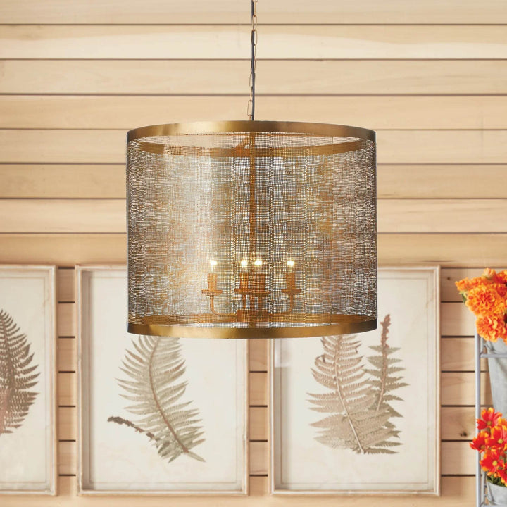 Oversized Antique Brass Drum Chandelier with Mesh Detail