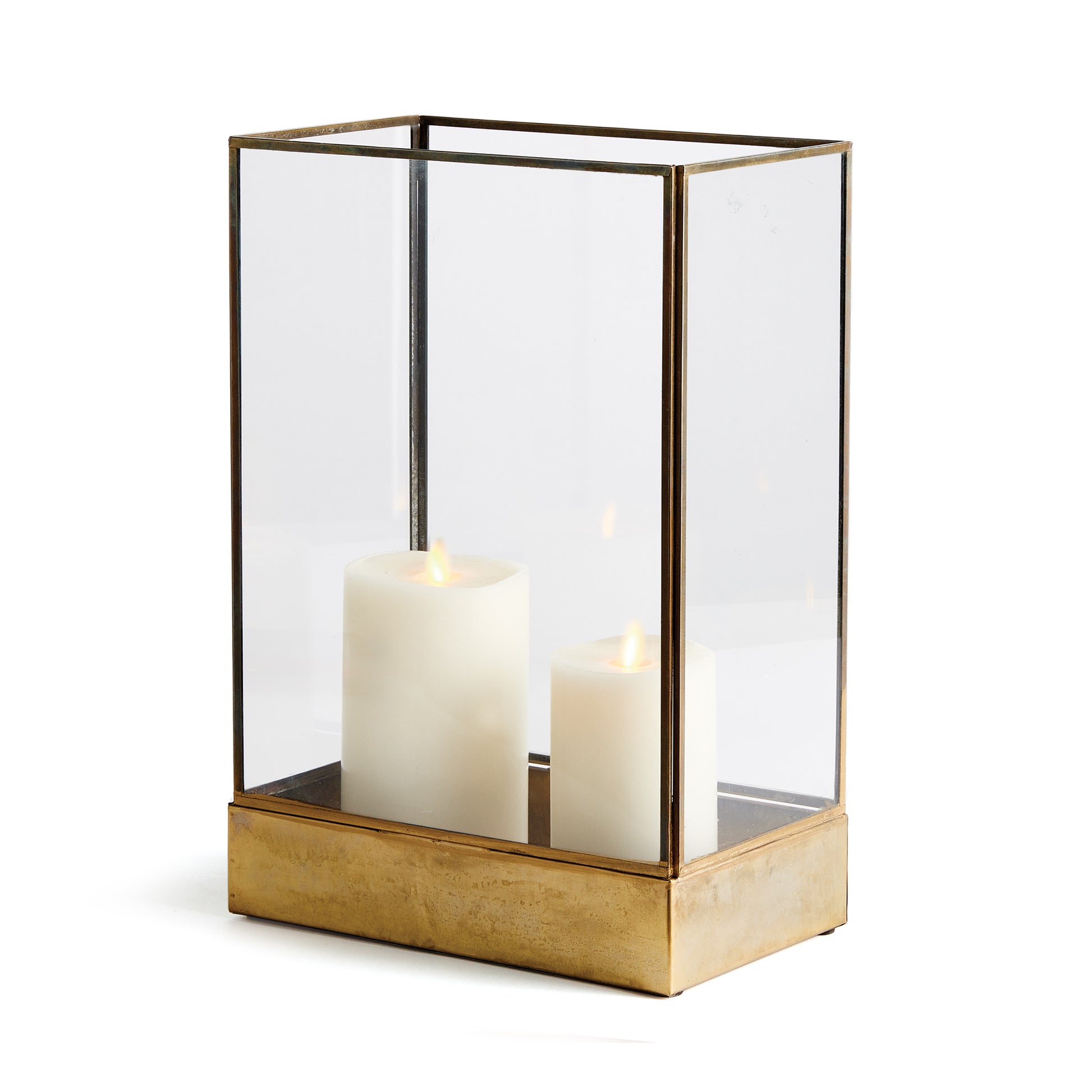 In a classic mix of glass and brass, this wide open design features your favorite candle display in a simple and clean way. Great along a hearth, or on a covered  front porch for extra charm.