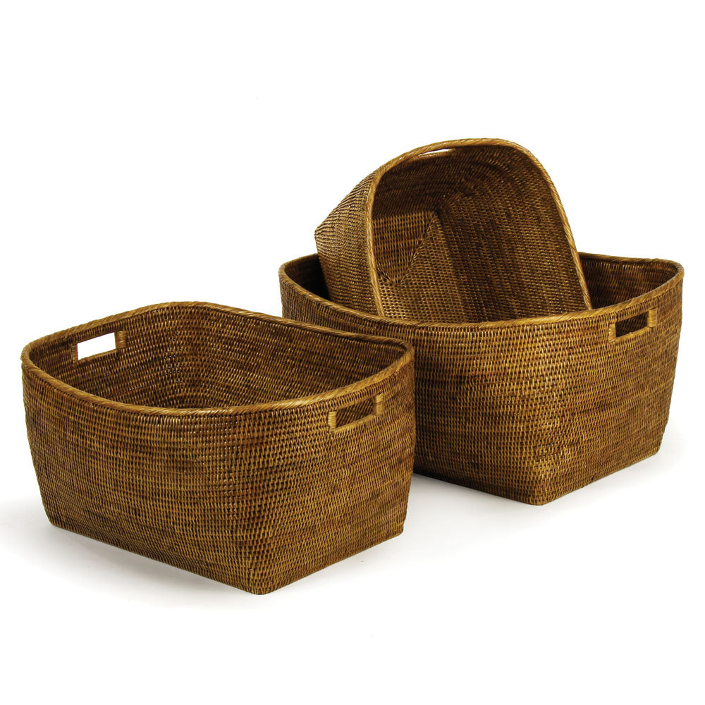 Burma Brown Rattan Family Baskets With Handles, Set Of 3