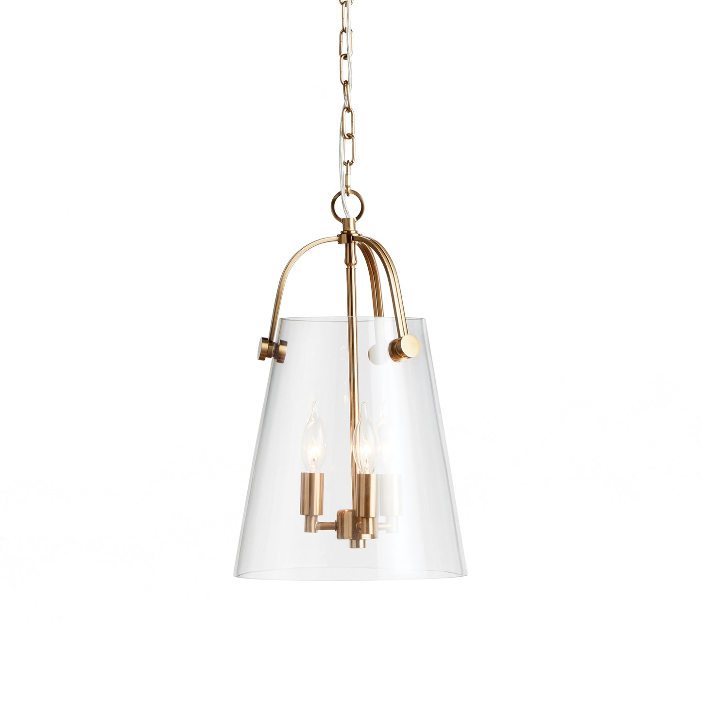 Crafted with a custom glass mold, the Capra Gold Chandelier Light Small boasts a clever design decision. The top gold metal detail passes through the glass, resulting in a distinctive appearance. Its iron and glass construction ensures a well-proportioned and durable chandelier. With a ceiling mount and the ability to hold three bulbs, this piece adds a touch of luxury to any space. Elevate your decor with this sophisticated and chic lighting option.