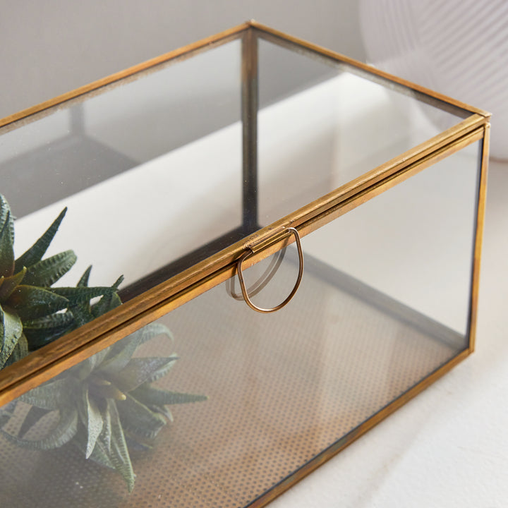 Expertly crafted with a combination of glass and brass, the Arwen Rectangular Antique Brass Display Box is designed to securely hold and protect your most cherished mementos. A sleek loop handle prevents fingerprints from marking the glass, keeping your keepsakes pristine.