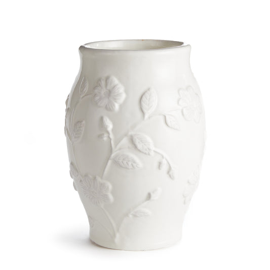 With a low relief floral stem design, this unique Blossom Vase is a beautiful addition to the formal space. A glossy bright white glaze and classic shape make it an instant classic. Fill it with your favorite faux stems, or just display as is for an elegant look.