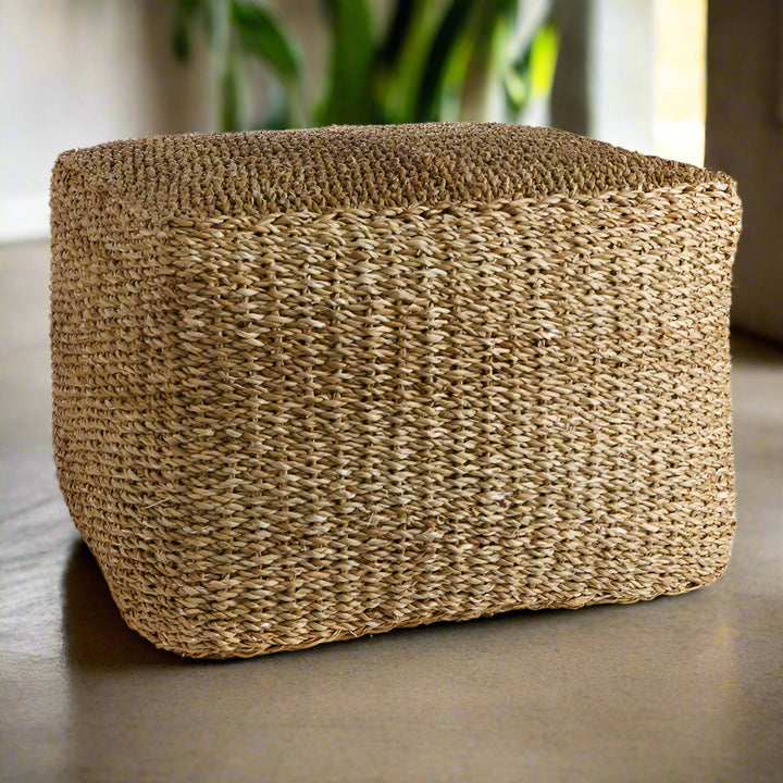 Bohemian Handwoven Natural Seagrass Square Ottoman