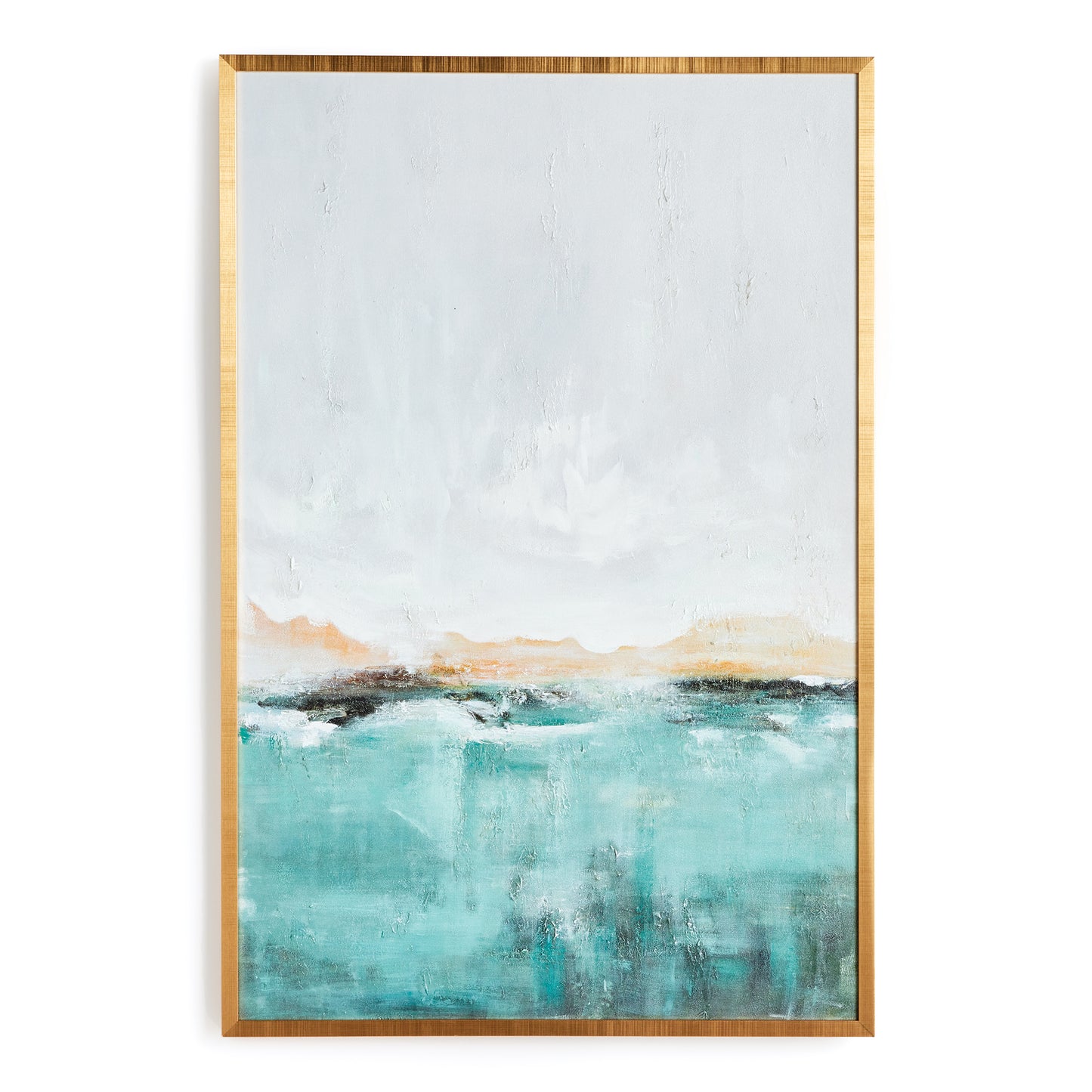 Like a misty day out on the water, this large-scale giclee on canvas is a serene composition in muted tones. Highlights are hand-embellished with touches of paint creating a rich texture and Depth. The canvas is finished off beautifully with a slick modern gold frame.