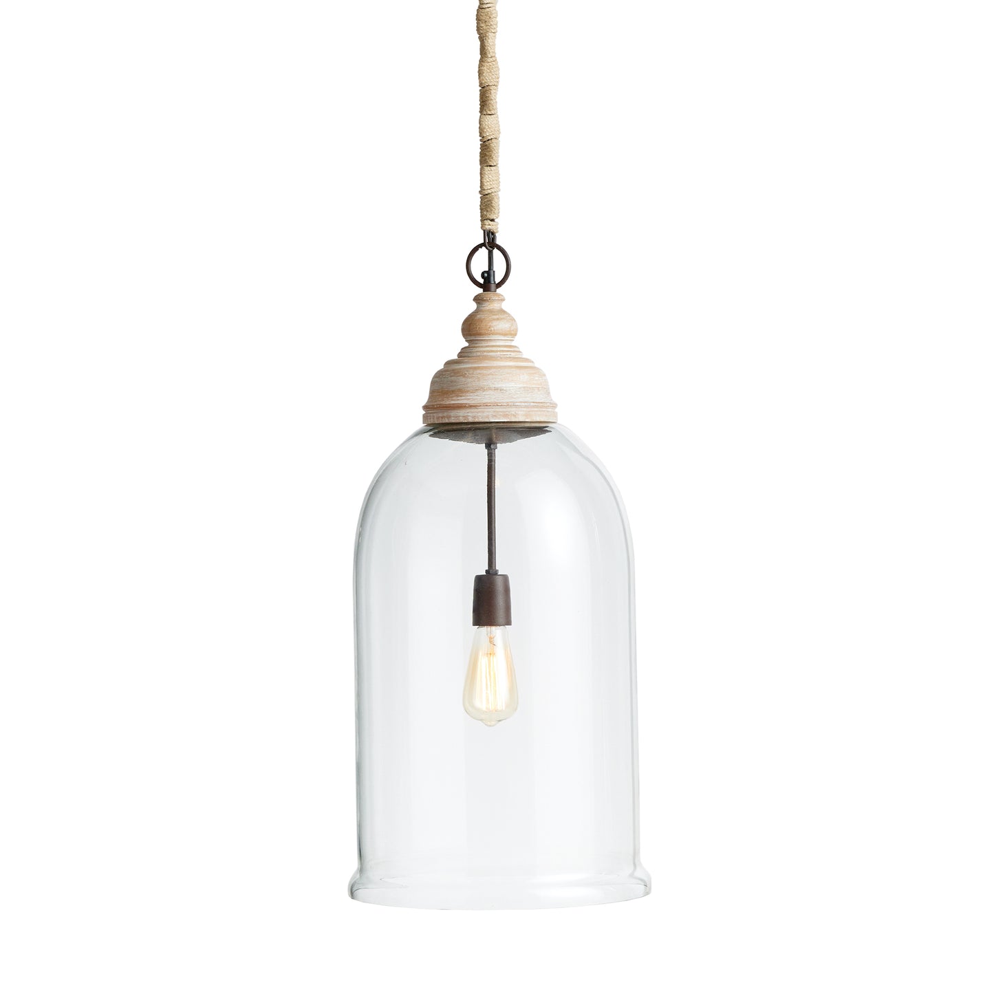 Alone or as a pair, this oversized cloche pendant is an elegant mix of glass and wood. Elongated for drama, and scaled to impress. You don't have to be a vintner to see that it's a real show stopper. 