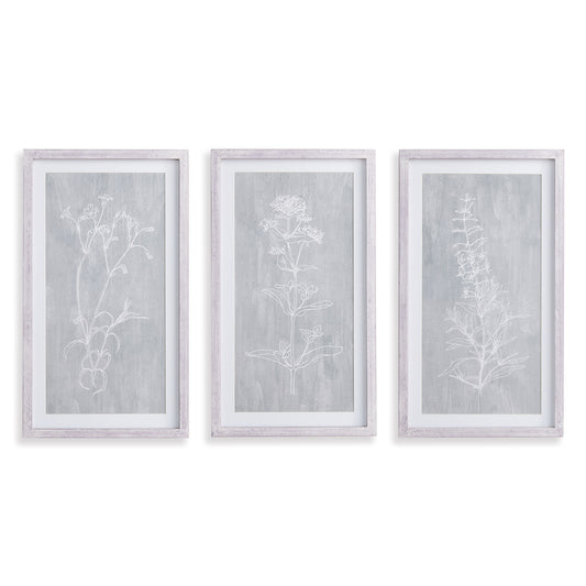 These cool grey wash prints with a light impression of botanical forms is a contemporary trio. Finished with crisp white mats and pine wood frames in a light grey wash.