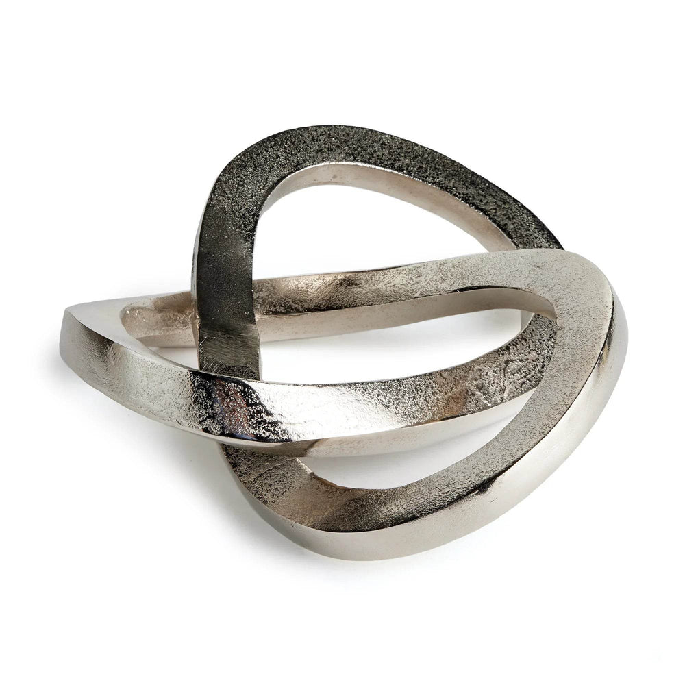 Silver ring with three interlocking loops on a white background