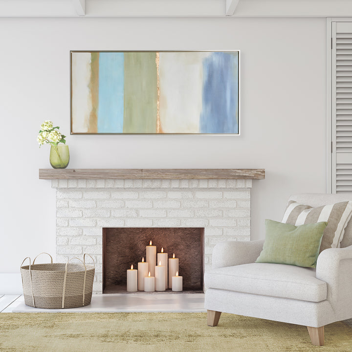 Experience the serene, coastal tones within this modern canvas. Drawing inspiration from Rothko's iconic style, this canvas is a study in color and balance. Each highlight is meticulously hand-embellished with touches of paint, creating a textured and dimensional piece. Complete with a sleek silver frame, this canvas is a stunning addition to any space.