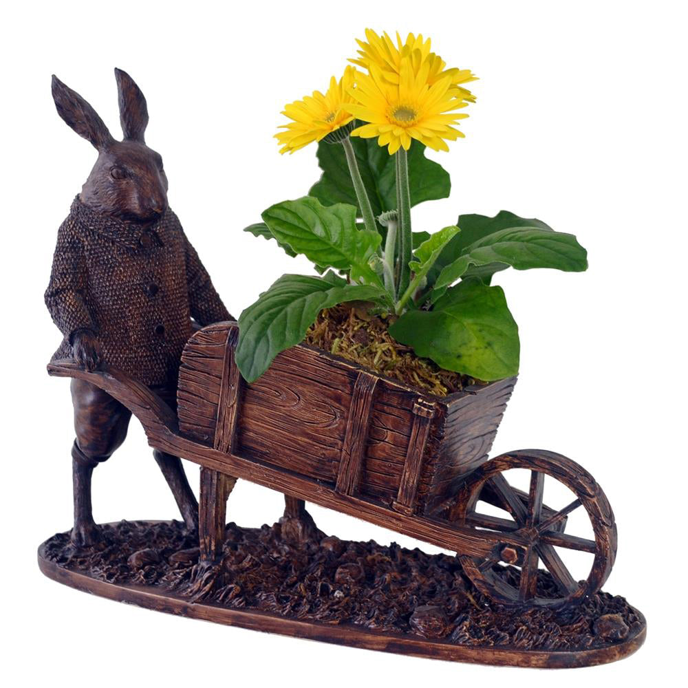 Garden Bunny Rabbit Planter Pushing a Wheelbarrow