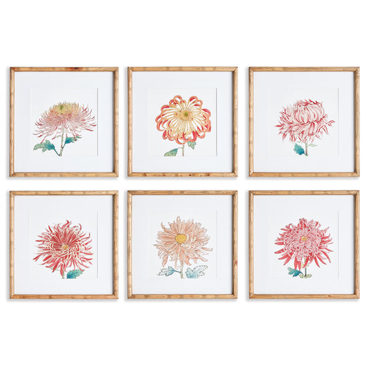 From a soft blush to a deep magenta, this set of colorful chrysanthemum  illustrations are a vibrant bunch. Finished off with a mat and faux bamboo frame, they add a feminine pop of color to powder room, kitchen or study.