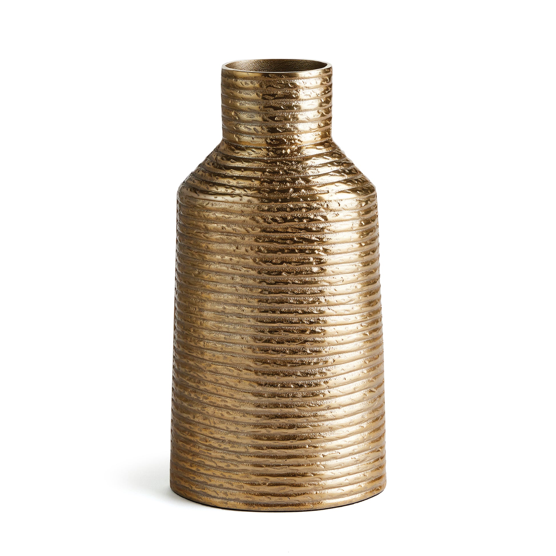 Made of a cast aluminum, but softened by the texture-like banding this vase adds a golden touch to shelf or countertop. Add some faux stems or display as is for a cleaner look.