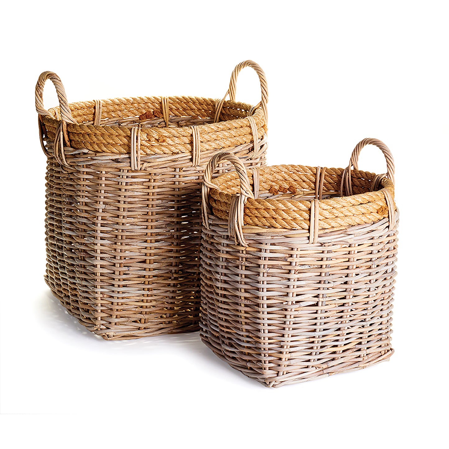 Well-scaled baskets with a fashion-forward rope detail. Use as a laundry baskets, to store dog's toys. These things pretty much hold anything in style.