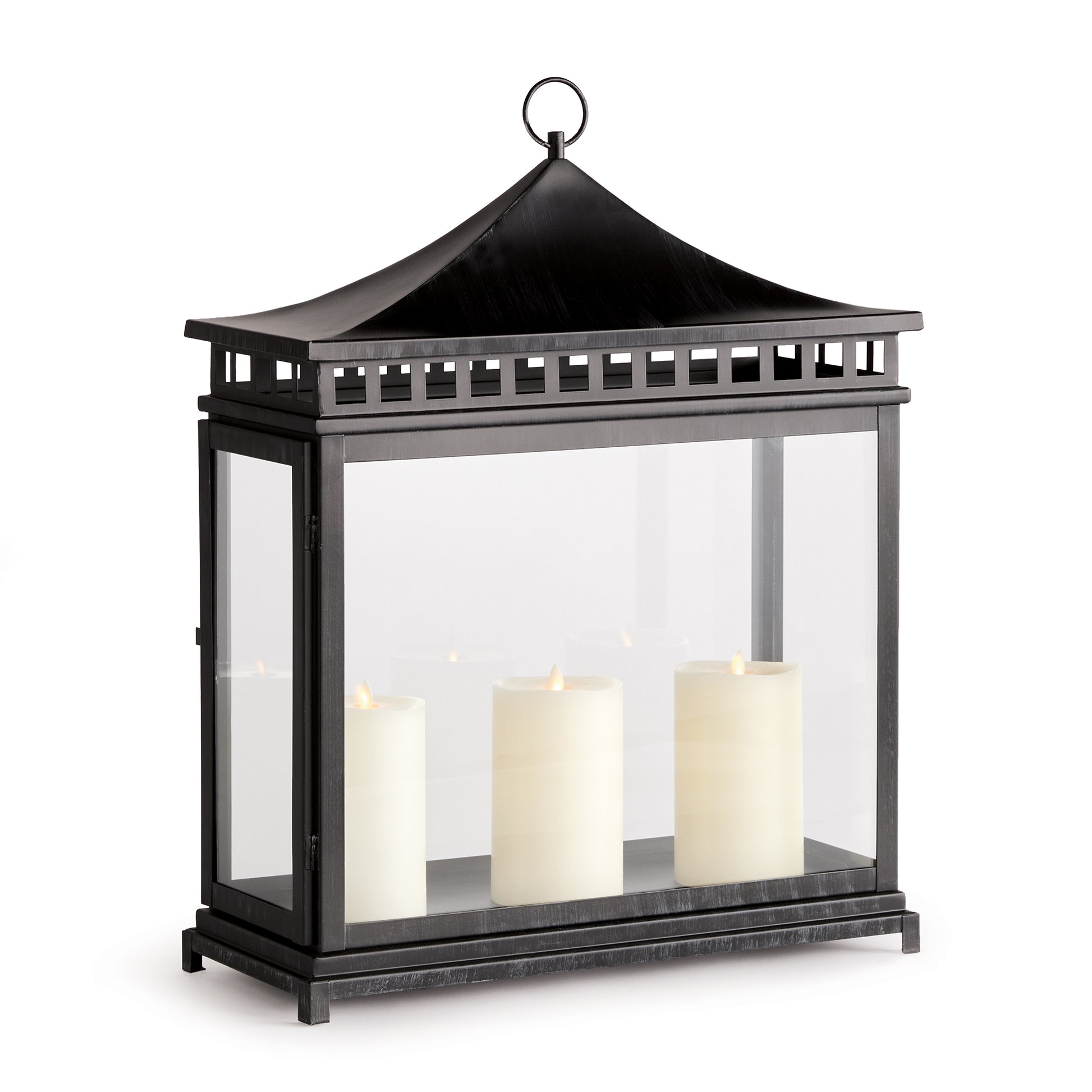 Simple in form and designed with a wide, sweeping top and a row of panes, this lantern is full of character. The powder-coated washed black finish gives it a sleek look that works well in any outdoor setting.