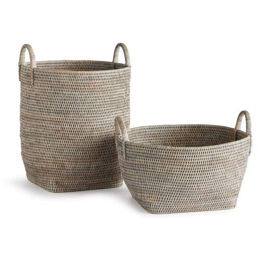 With one short and one tall profile, this versatile set is great for organizing odds and ends. The tight weave and gray washed finish make them the perfect vessels to stylishly store whatever you decide.