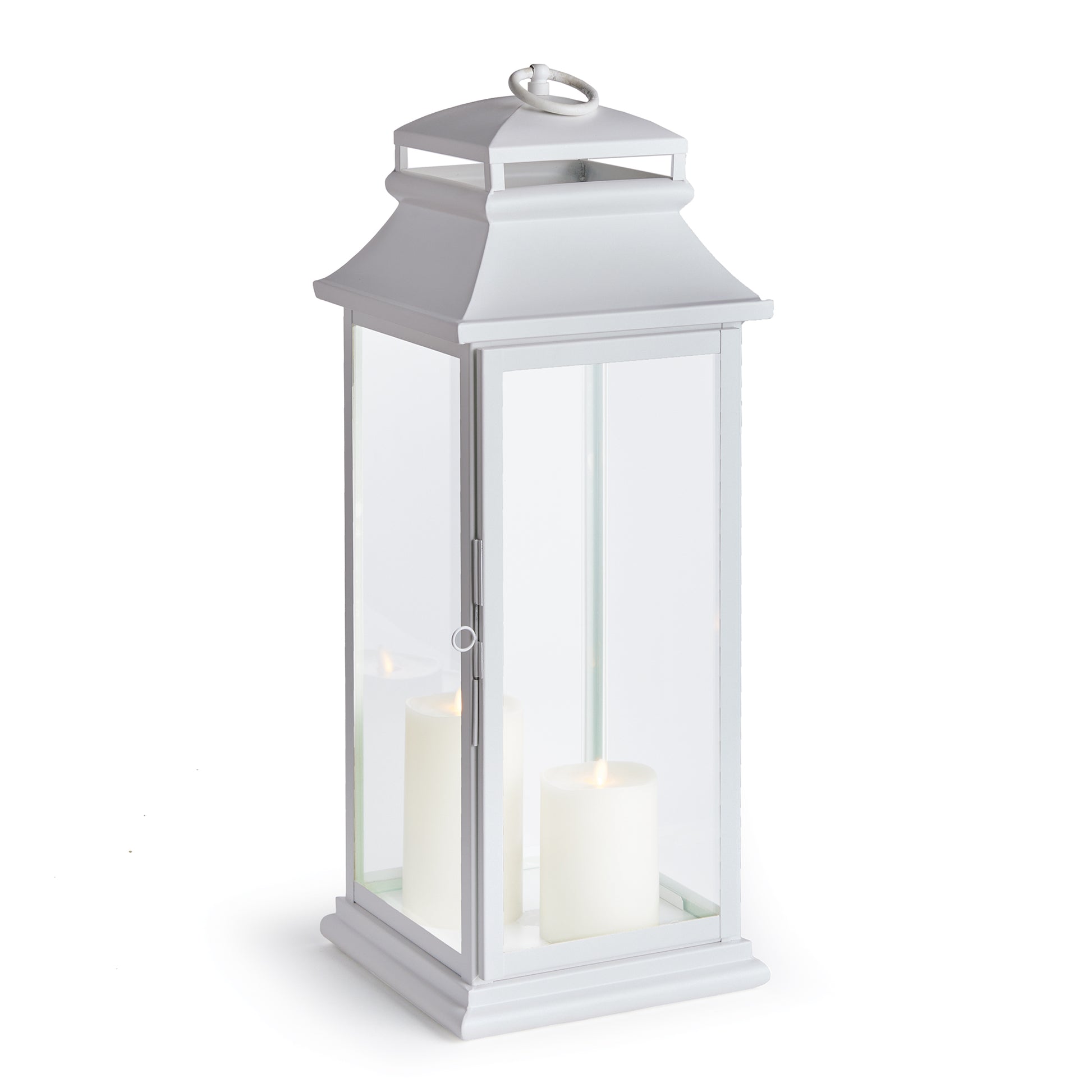 This tall, powder-coated stainless steel lantern in a matte white is tailor-made for your outdoor space. We've even included the drain holes to keep the rain away.