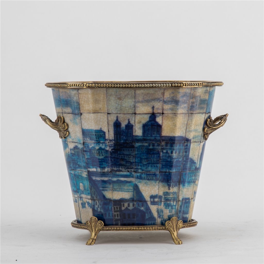 Vila Azure Oval Planter, Village Pattern