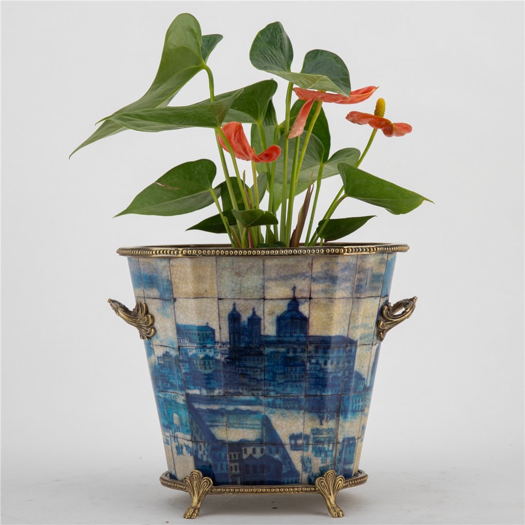 Vila Azure Oval Planter, Village Pattern