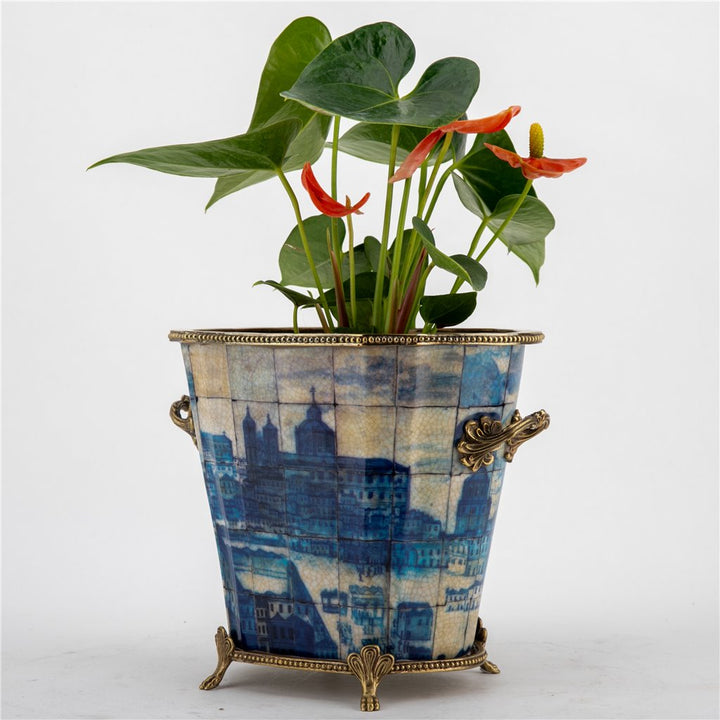 Vila Azure Oval Planter, Village Pattern