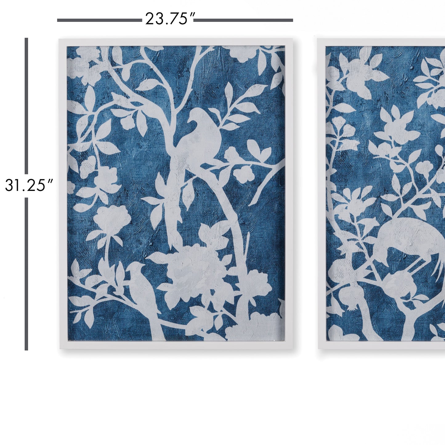 The floral-inspired prints in this set of two Floral Cyano Prints add a feminine touch to any room. With a bright white simple profile frame, the over scaled pair brings a light and airy feel to any space. Designed with a textile-inspired composition, these prints provide a beautiful and sophisticated touch.